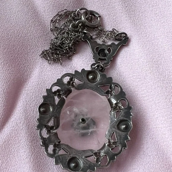 ANTIQUE ROSE QUARTZ MARCASITE STERLING SILVER NECKLACE PENDANT W/CHAIN GERMANY
